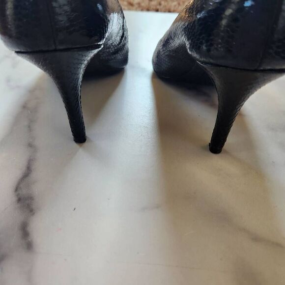 Fioni size 8.5 croc reptilian glossy open peep toe high heels jet black - Picture 3 of 7
